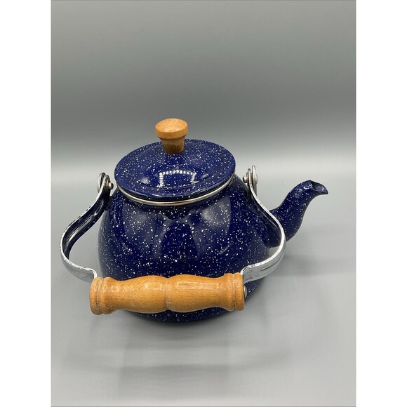 Vintage Blue White Speckled Enamelware Goose Neck Teapot Tea Kettle - Picture 6 of 13